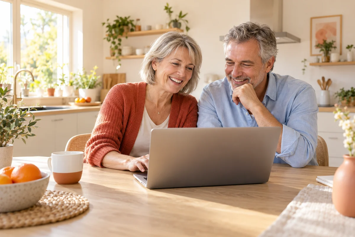 Illustration : un couple souriant utilise son ordinateur dans une cuisine ensoleillée.