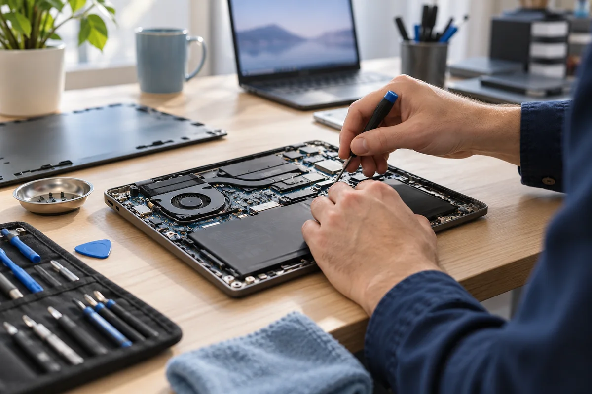 Illustration : examen soigneux d’un ordinateur portable sur un bureau.