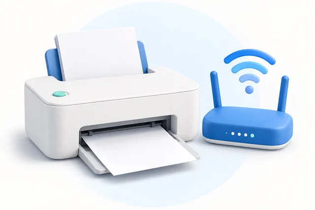 Illustration d’une imprimante et d’un routeur Wi-Fi.